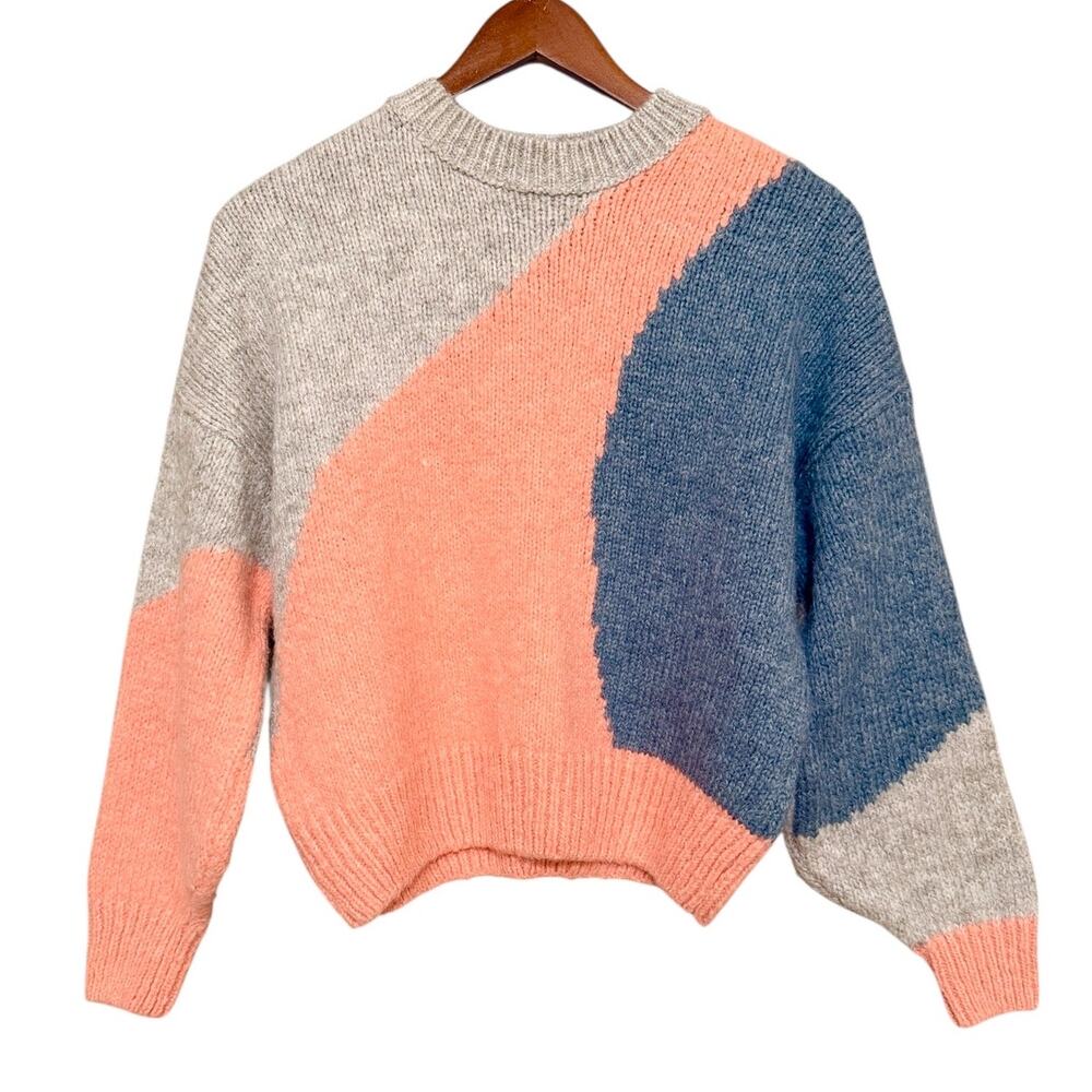 Topshop Abstract Colorblock Sweater Pink Blue Gray Crewneck Knit Pullover S